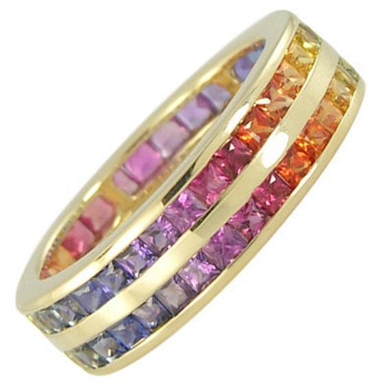 Multicolor Rainbow Sapphire Double Row Eternity Ring 14K