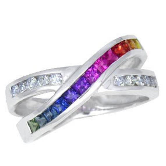 multicolor rainbow sapphire diamond crossover ring 18k white gold sku 398 18k - Rainbow Wedding Rings multicolor rainbow sapphire diamond crossover ring 18k white gold sku 398 18k - Rainbow Wedding Rings
