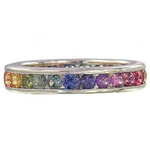 Multicolor Rainbow Sapphire Eternity Ring 925 Sterling Silver