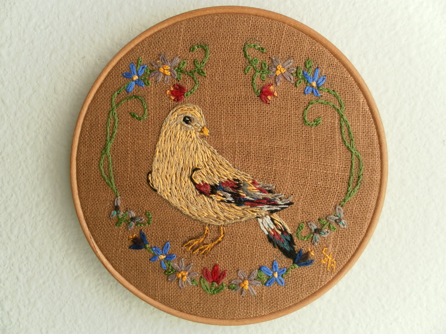 Bird picture wall art  embroidered folk style
