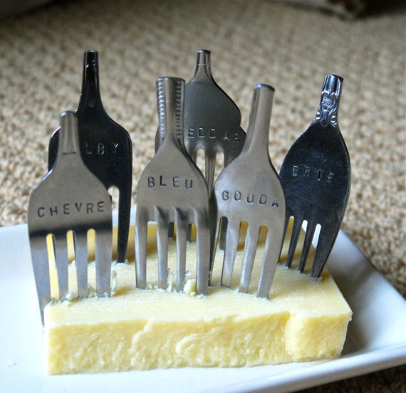 Set of 6 Hand Stamped Fork Cheese Markers