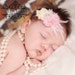 Newborn Perfect. Mini Shabby Chic Style Double Pink & Cream Chiffon Rose Flower Headband with Pearl and Crystal detail