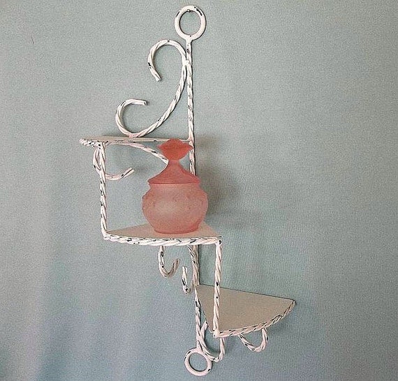 Vintage White Shabby Chic Wall Shelf Wrought Iron Cottage