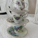 Adorable set of 3 Petite Porcelain Tea Cups and Saucers Purple Flowers Cottage Charm