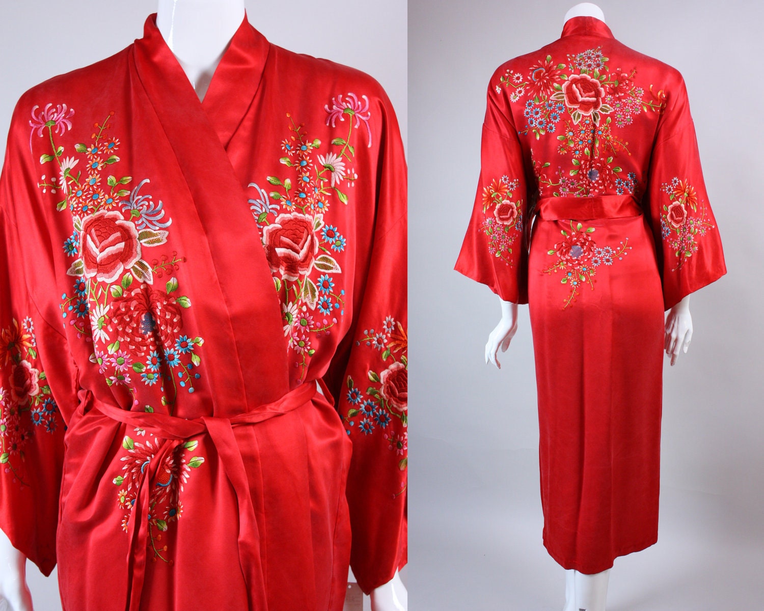 Vintage 60s CHINESE SILK ROBE Bright Red Hand-Embroidered