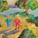 painting, children, landscape, impressionistic, lake, water, camping, colorful