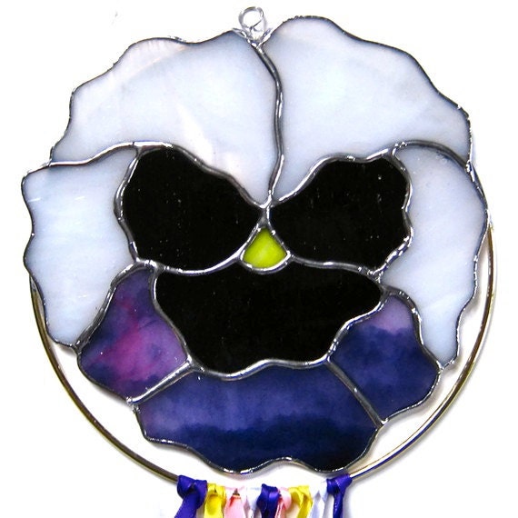 Stained glass suncatcher pansy windcatcher purple white
