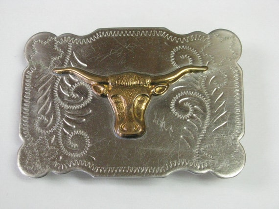 Vintage Western Steer Head Nickel Silver Cowboy Belt Buckle