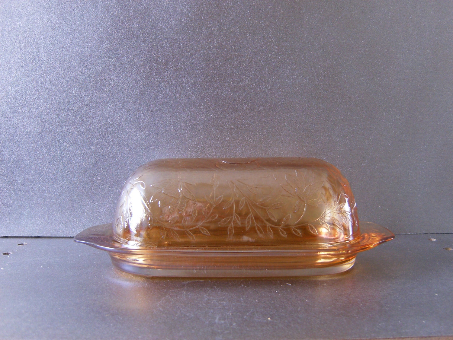 Floragold Carnival Glass Butter Dish and Cover
