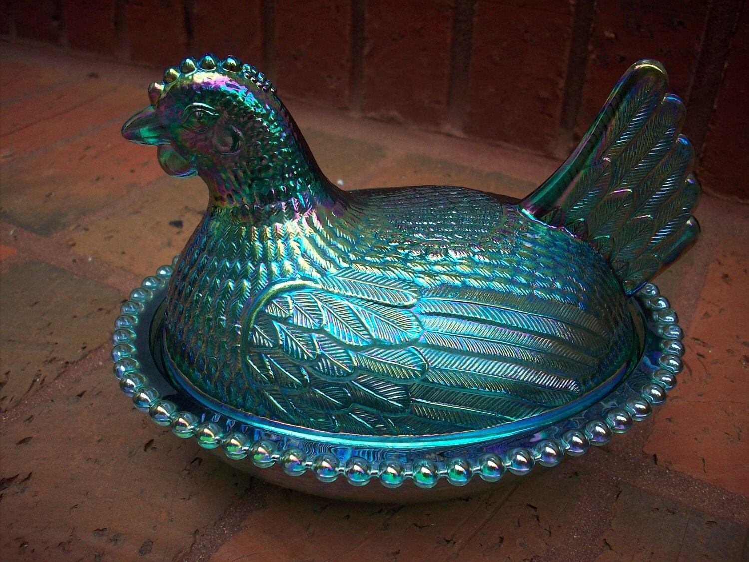 Vintage Blue Carnival Glass Hen on Nest Blue Glass Candy Dish