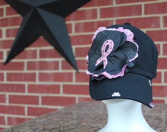 Pink Ribbon Breast Cancer Baseball Style Black Hat.... EXTRA Bling/Rhinestones
