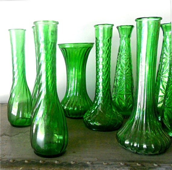 Vintage Green Vase Group or Singles Cut Glass Fluted All