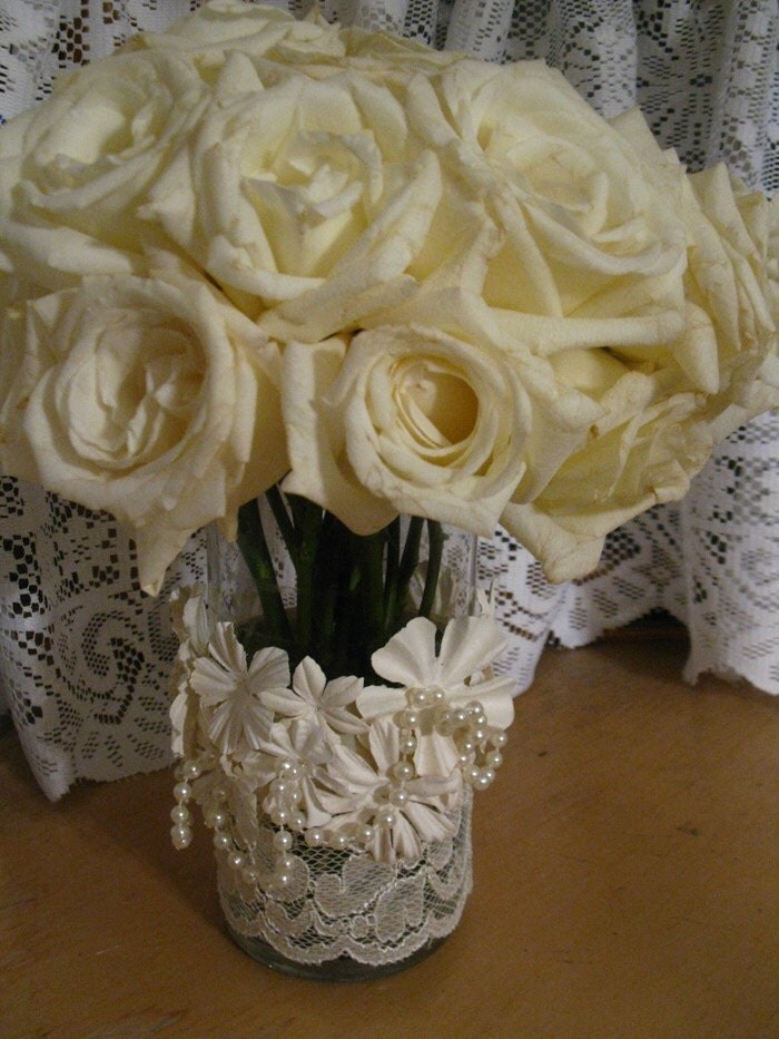 Ivory Flower and Lace Vase Wrap with Pearls by Magnolia West