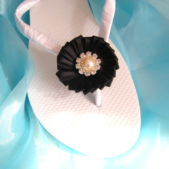 Decorated Bridal Flip Flops / Black Wedding Flip Flops