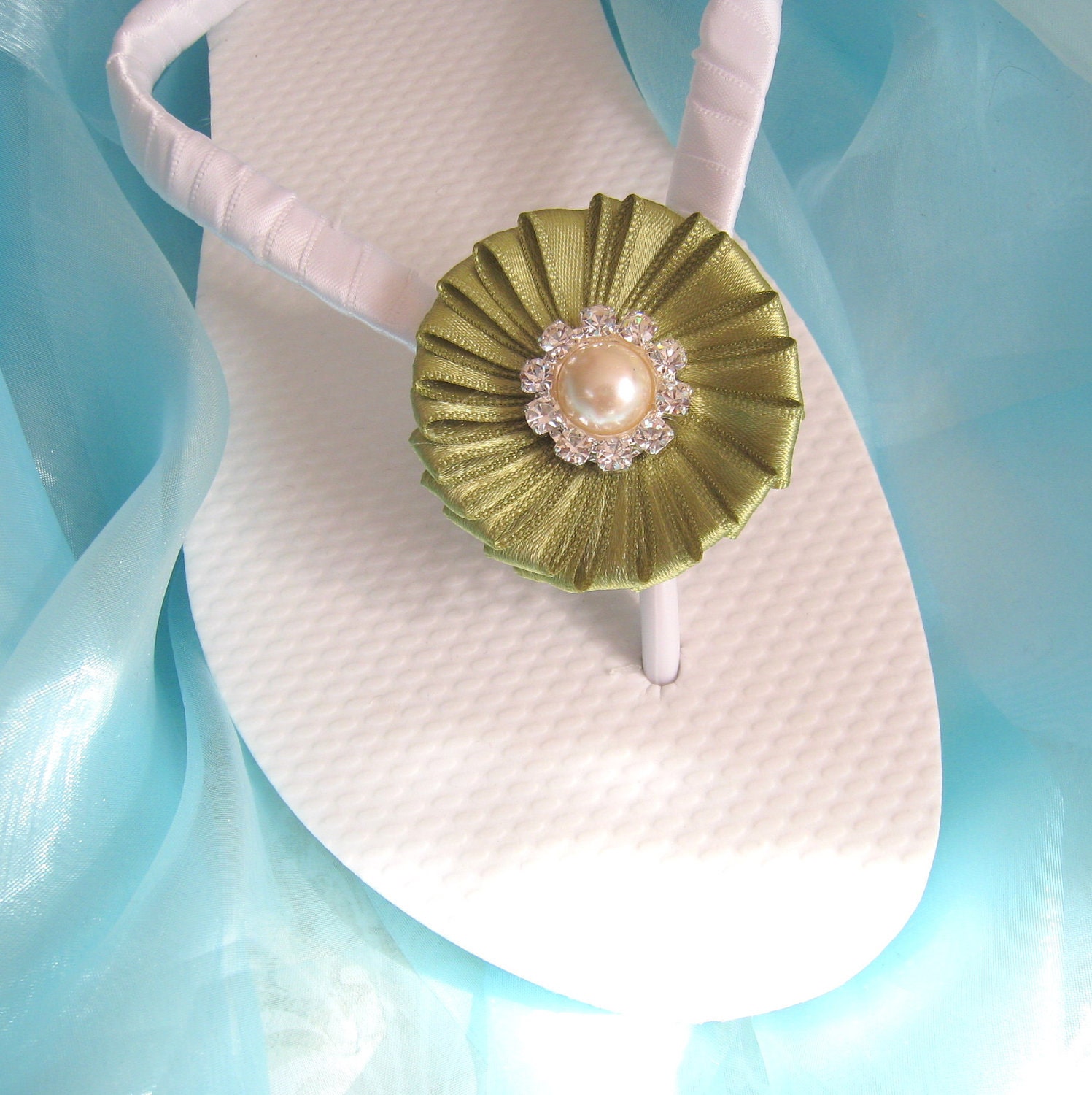 Pistachio Green Decorated Wedding Flip Flops / Bridal Flip