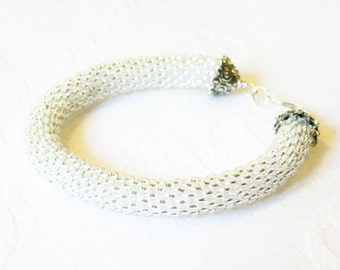 White Bracelet/ Beaded Bangle/Crocheted rope bracelet/Wedding accessories.