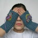 Blue Grey Fingerless Gloves with Colourful Dancing Bird