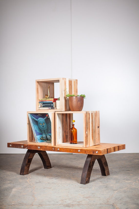 Storage and display cubes reclaimed wood.