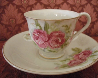 Bone China Pink Roses Demitasse Cup and Saucer, Made in Occupied Japan ECS