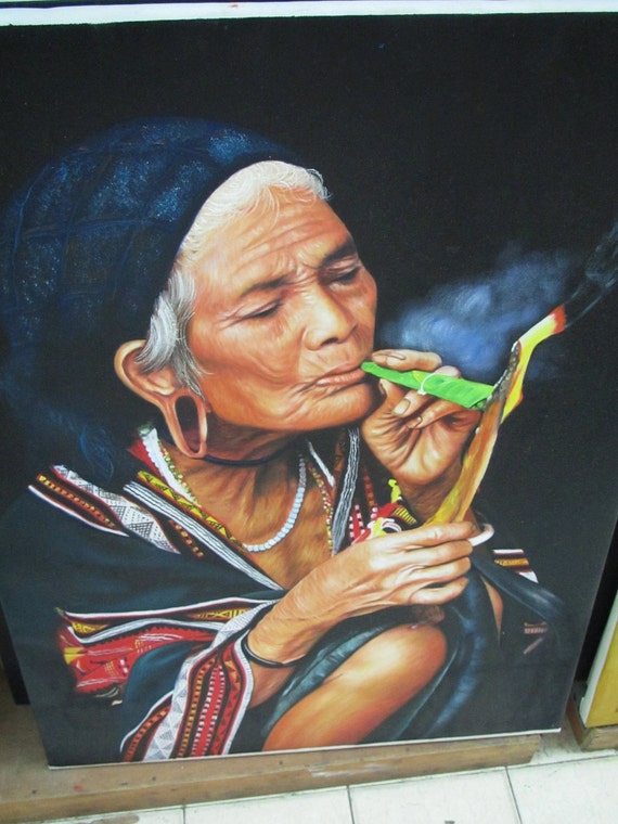 Old lady smoking corn husk oil painting