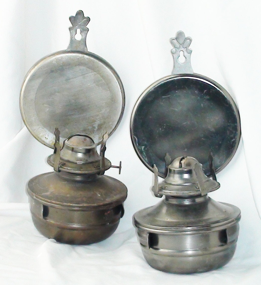Hanging kerosene lamps with metal reflectors antique vintage