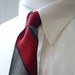 Vintage 1960s All Silk Gray, Red, & Navy Blue Trad / Ivy League Repp Striped SKINNY Neck Tie. Made in USA.