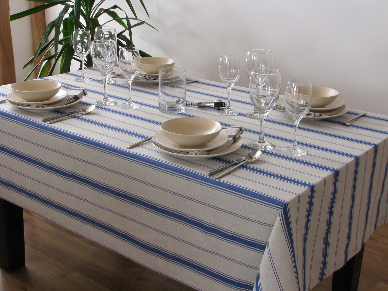 Linen Tablecloth / Striped / Blue Stripes / Country / French