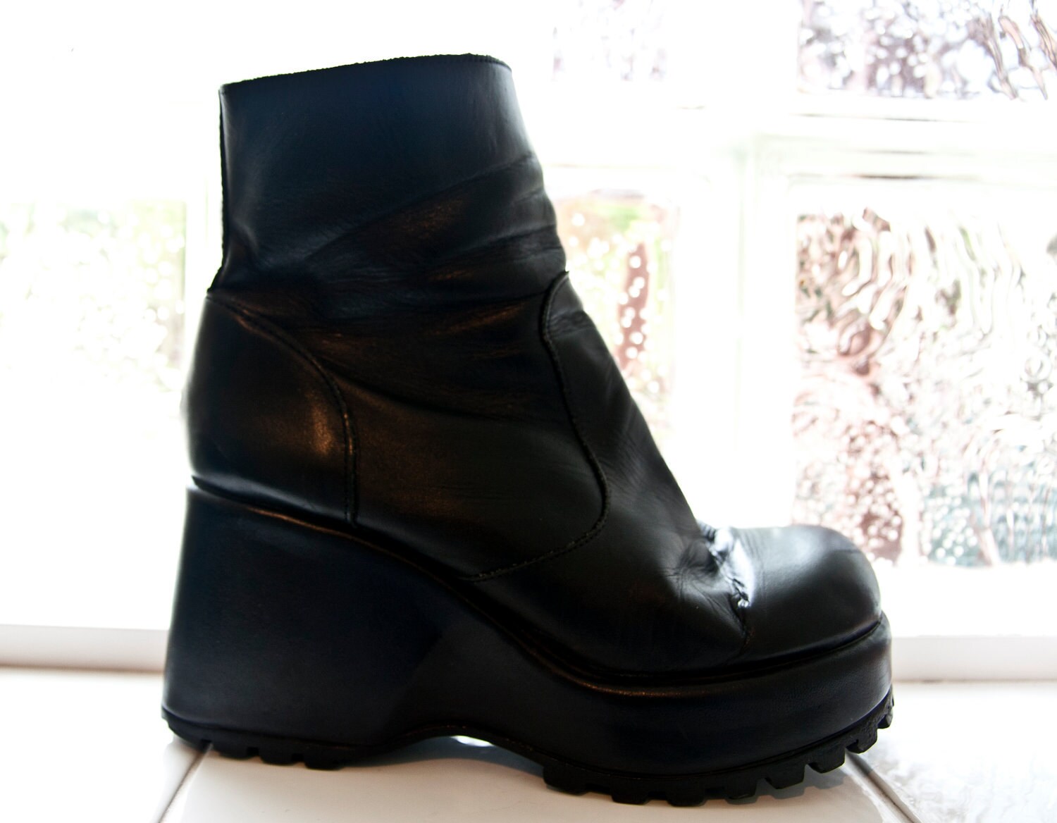 90s black leather chunky platform boots by THIRDWRLD on Etsy