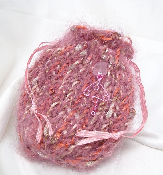 Fuzzy Pink Loom Knit Drawstring Bag