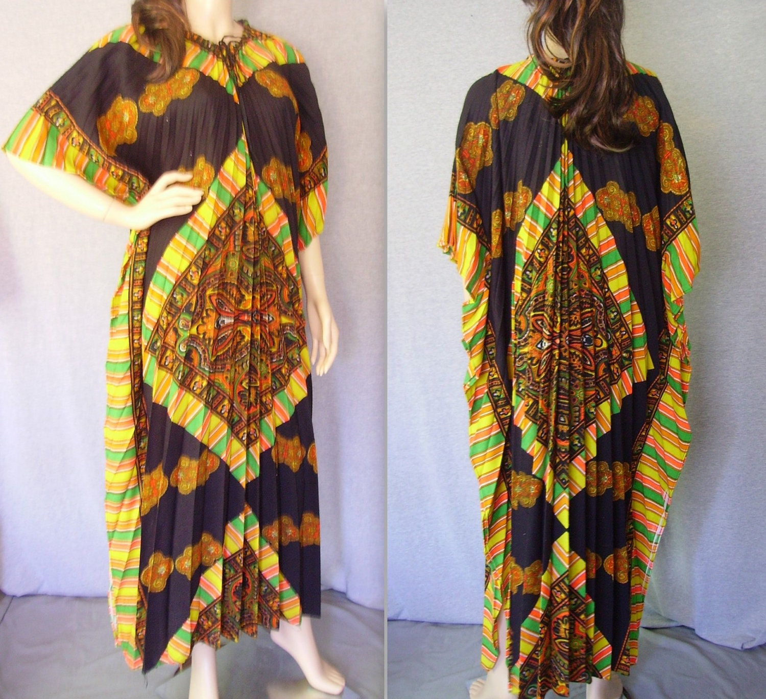 Vintage Maxi Dress / Kaftan Neon Dress / 60s 70s Kaftan Dress