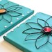 Set of 2 Decorative Wire Flowers on Larger Teal Canvas Mirrored Wire Flowers Clear Rhinestones Unique Gorgeous Handcrafted