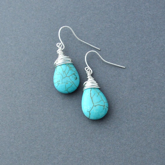 Turquoise Teardrop Wire Wrapped Earrings Handmade Jewelry