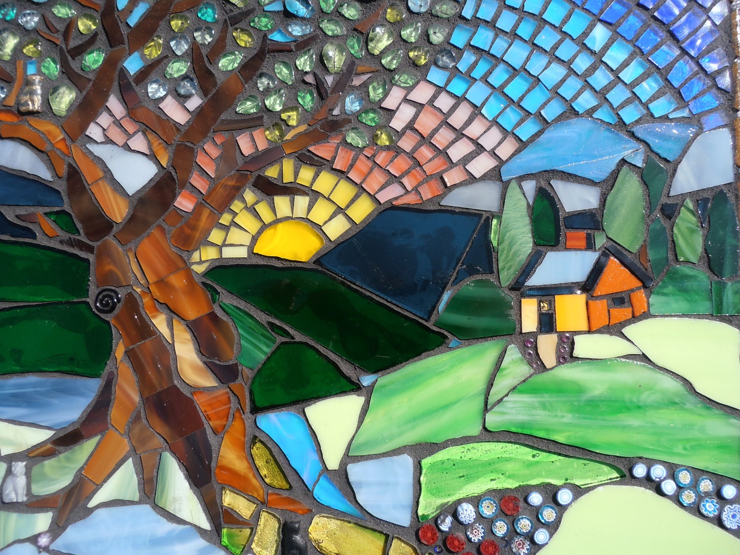 Mosaic Landscape Wall Art Sunrise Oak Tree Landscape Scene