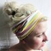 Headband. Cowl. Infinity Scarf. Neck warmer. Yellow. Pink. White. Green. Red. Blue. Multicolored striped two in one scarf. Bandana.