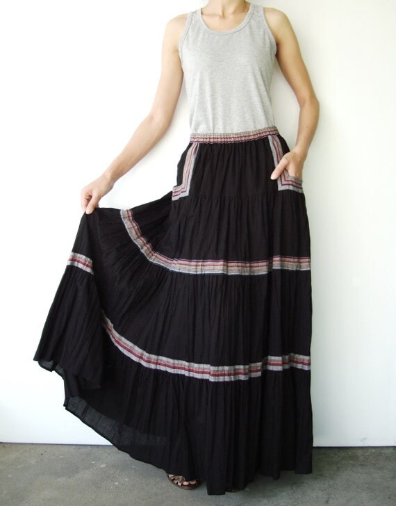 NO.41 Black Muslin Cotton Tiered Peasant Maxi by JoozieCotton