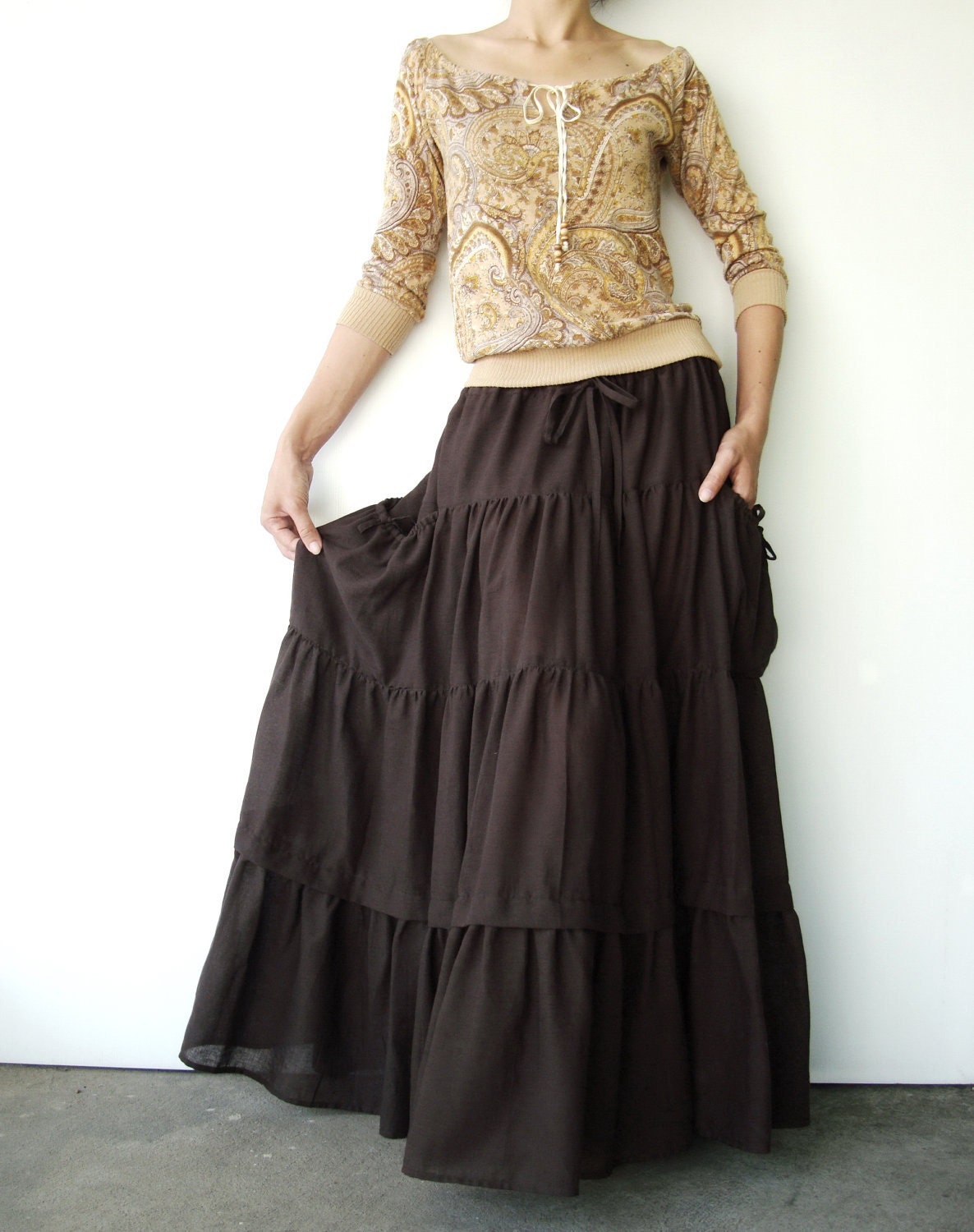 NO.42 Dark Brown Cotton Maxi Skirt Peasant Skirt 2 Options