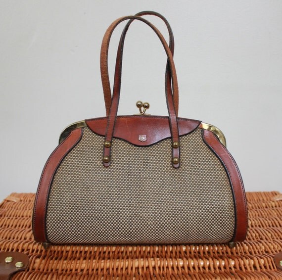 1960s tweed Purse. Brown Leather Purse. Tweed and Leather.
