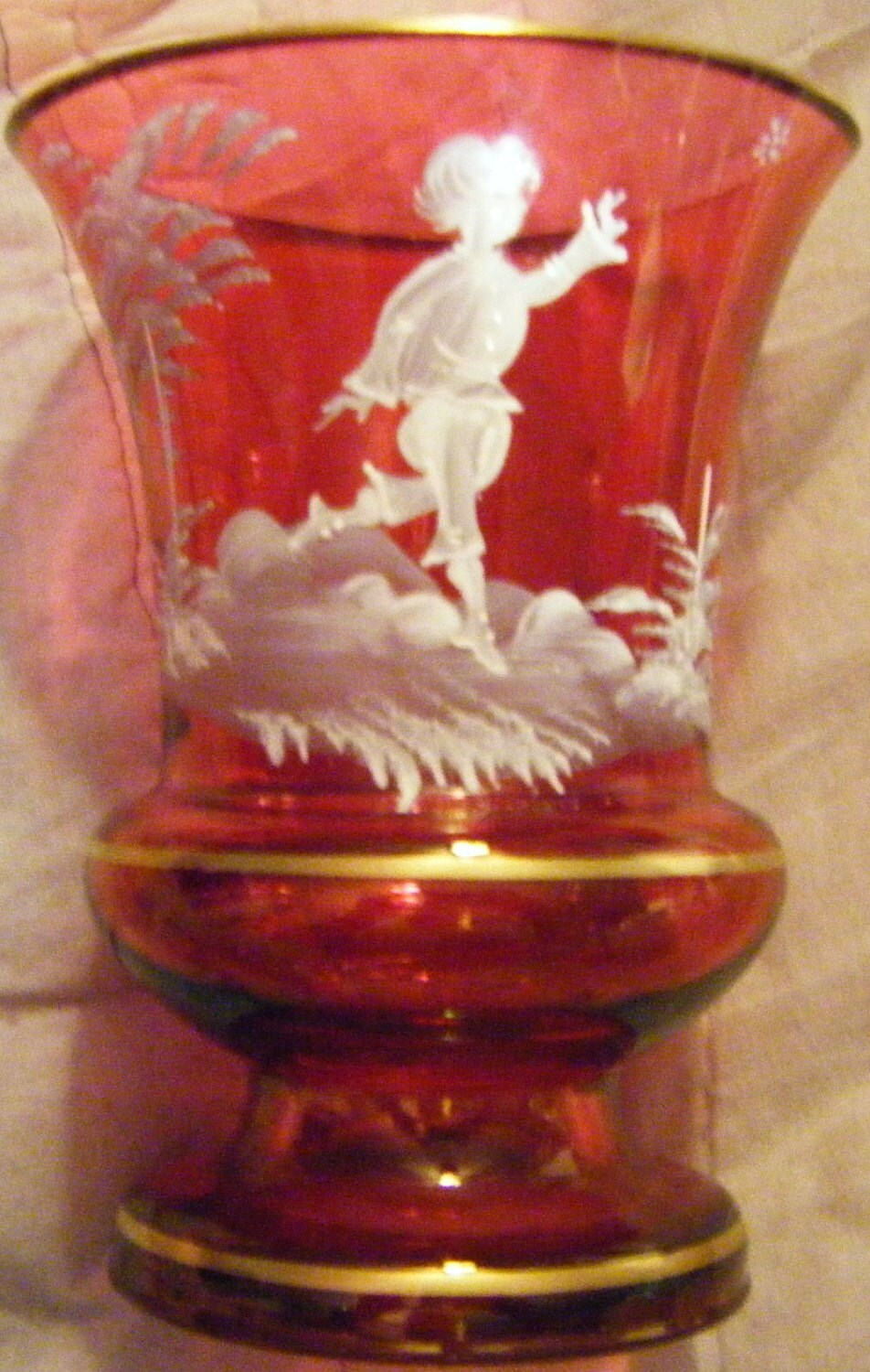 Antique Mary Gregory Cranberry Glass Vase With White Enameled 2562