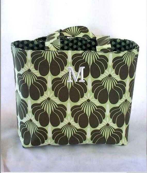 Tote Bag Fabric Handmade Tote Custom Embroidered with Monogram Green