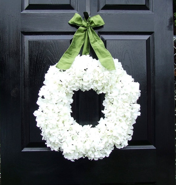 Items similar to White Hydrangea Wreath with Sage Green Ribbon on Etsy