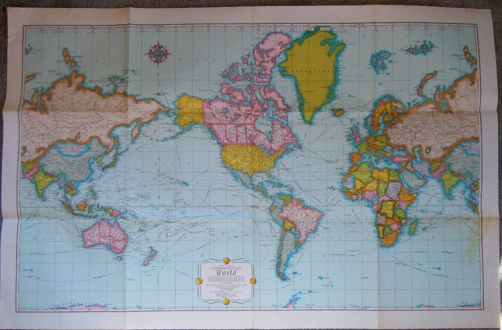 Vintage Rand McNally World Map Cosmopolitan 1960s Retro