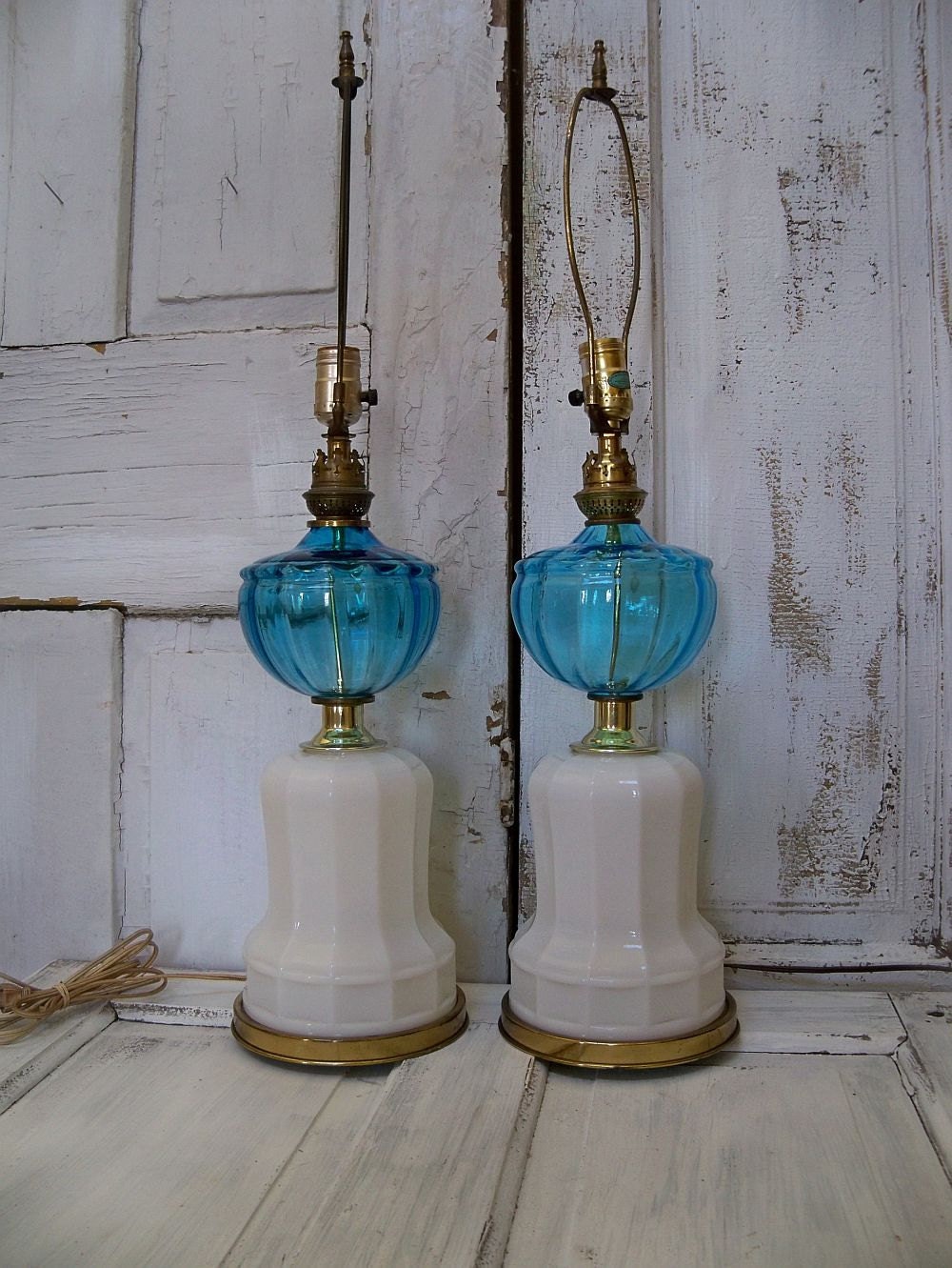 Vintage Milk Glass lamps with blue glass globes decor