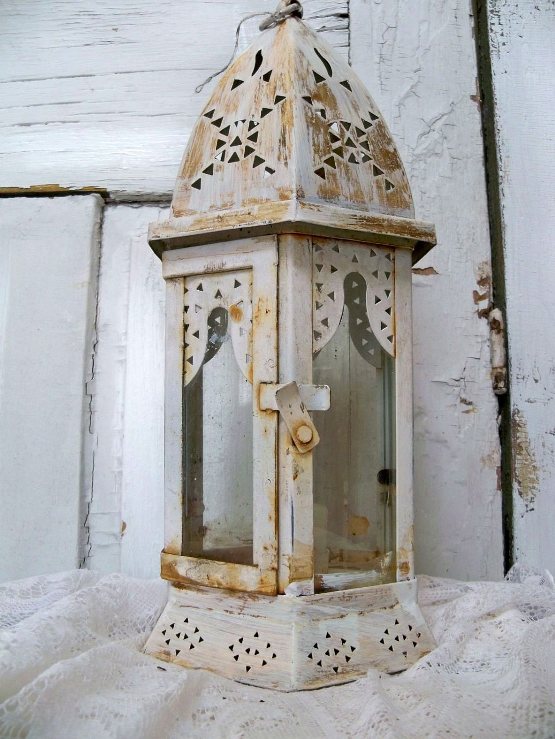 White distressed shabby chic lantern hand painted farmhouse