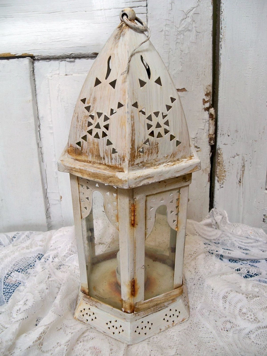 White distressed shabby chic lantern hand painted farmhouse