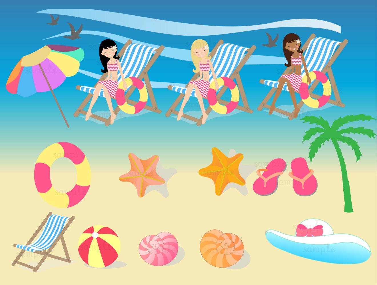 Summer Beach Girl Clip Art Set