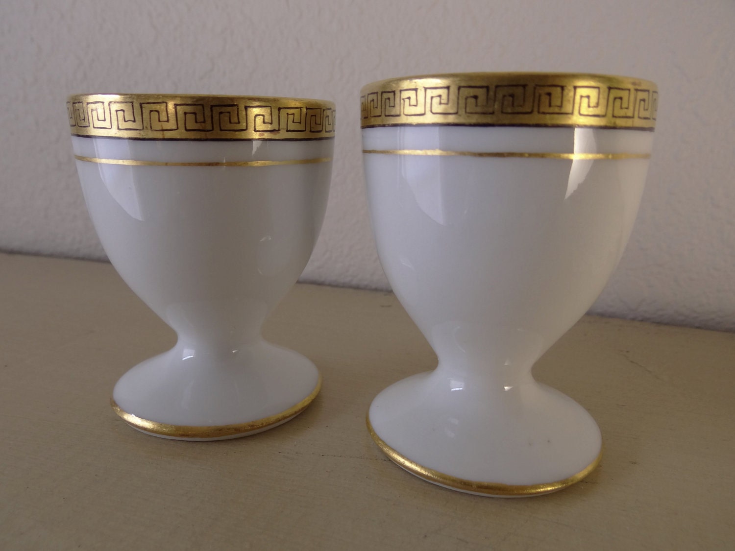 Vintage White Porcelain Egg Cups with Gold & Black Trim