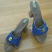 Vtg 70s Denim Blue Sandals Clogs by Dr. Scholls - Wooden Soles, Spring Summer, Size 8