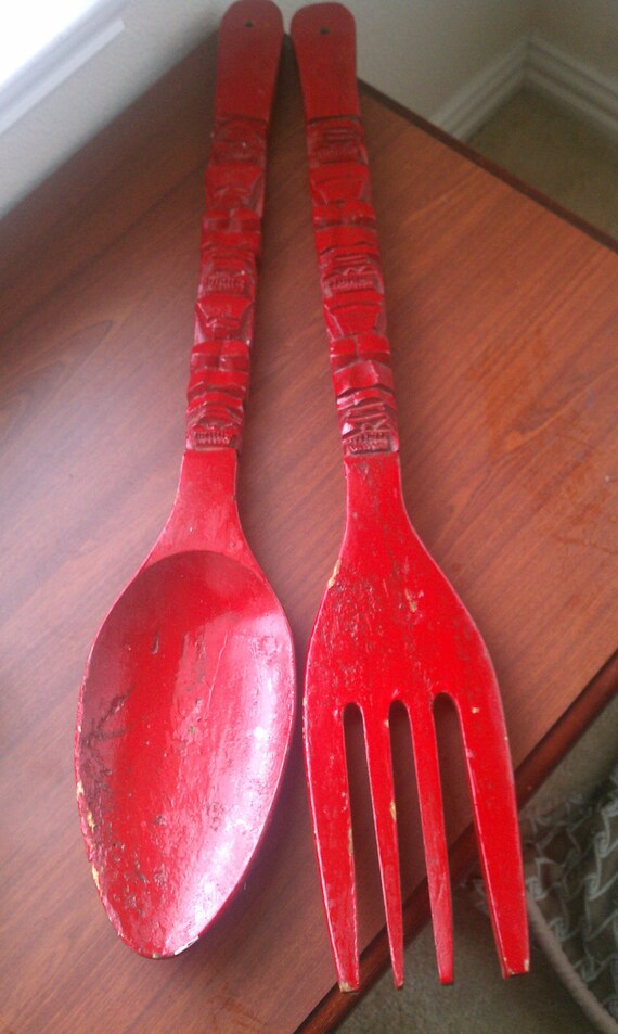 Fork and Spoon Wall Hanging Large Wooden Retro 60's Decor