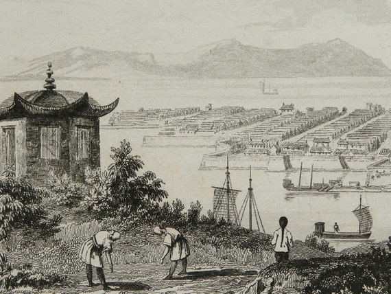 1837 Antique VIEW of HANGZHOU CHINA Yangtze River Zhejiang.