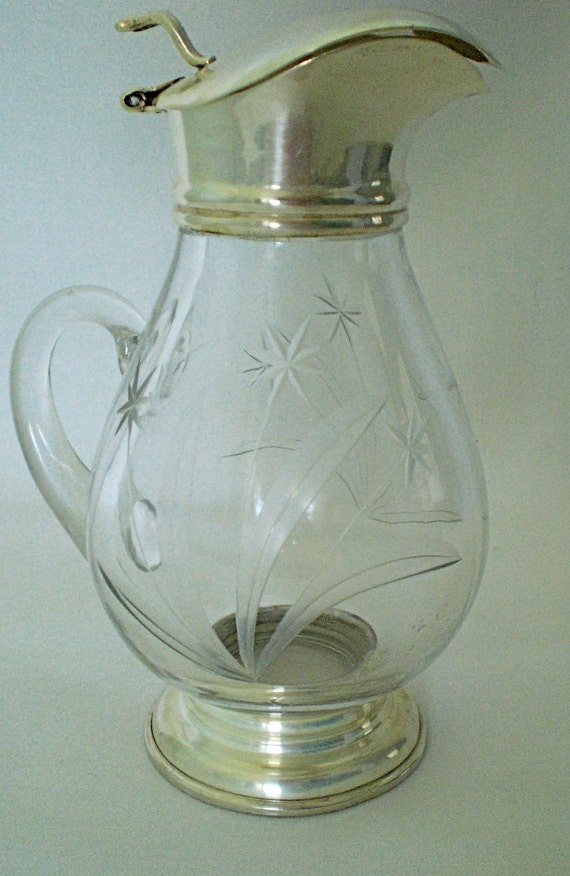 Vintage Creamer Pitcher Silver & Etched Glass Early 1900s